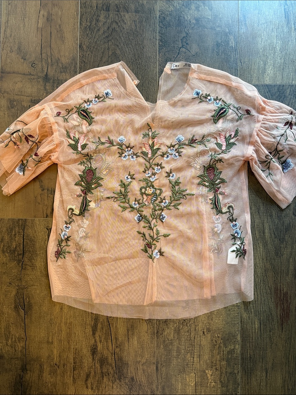 Dex Blush Peach Embroidered Floral Mesh Top